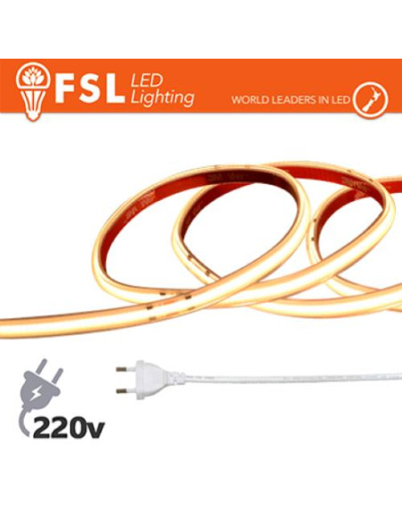 LUCE CALDA - 3000K STRISCIA LED COB 5METRI - IP65 3000K 220V 15W/M 1200LM/M+KIT TAPPO, COLLA, CLIP