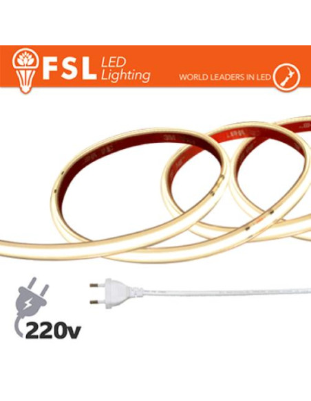 LUCE NATURALE - 4000K STRISCIA LED COB 5METRI - IP65 4000K 220V 15W/M 1300LM/M+KIT TAPPO, COLLA, CLIP