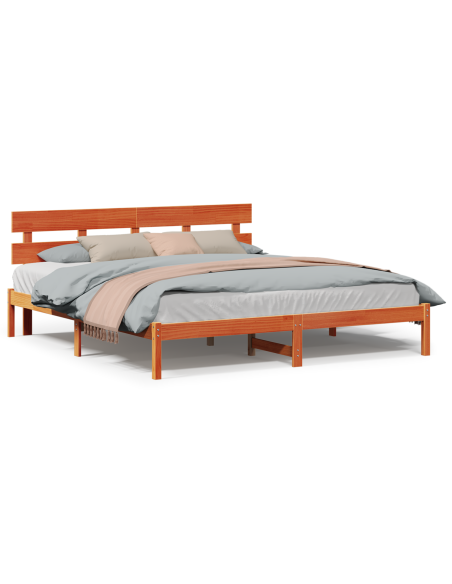 Struttura letto con testata marrone cerato 200x200 cm in legno massello di pino
