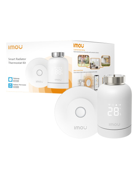 Imou Kit Termostato. Comprende hub ZG2-EU e valvola TRV1, La valvola TRV1 viene fornita con 6 adattatori di montaggio, rilevamen
