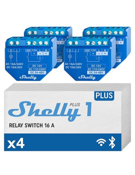 SHELLY PLUS 1 (4 PACK-4 PEZZI) - SMART RELAY CONTATTO PULITO 16A AC/DC WIFI/BT
