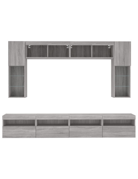 Set Mobili TV a Muro 8 pz con Luci LED Grigio Sonoma