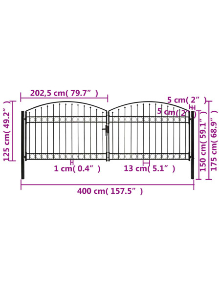 Cancello a Doppia Anta ad Arco in Acciaio 400x125 cm Nero