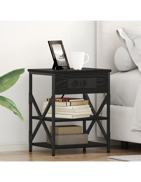 Comò con stazione di ricarica con lo scaffale 2 pcs Rovere nero