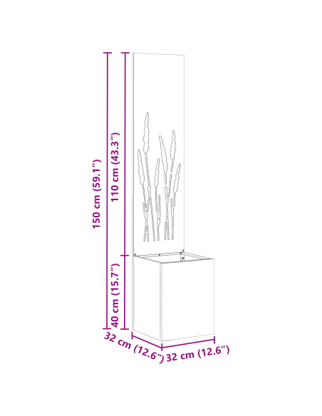 Vaso da Giardino con Pannello Decorativo Ruggine 32 x 140 cm