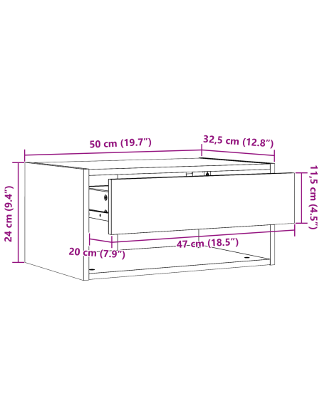 Comodino da Parete con cassetto Montaggio a parete Marrone 50 x 32.5 x 24 cm