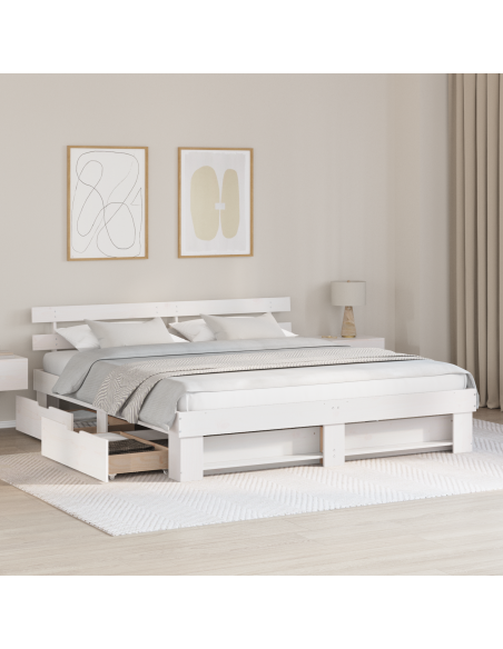 Struttura del letto con cassetto con testiera con archiviazione Bianco 200 x 200 cm