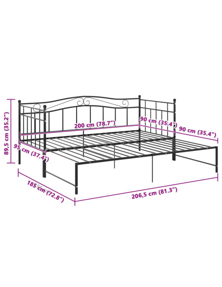 Telaio Divano Letto Estraibile Nero in Metallo 90x200 cm