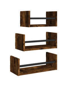 Set Mensole Parete con Aste 3pz Rovere Fumo Legno Multistrato