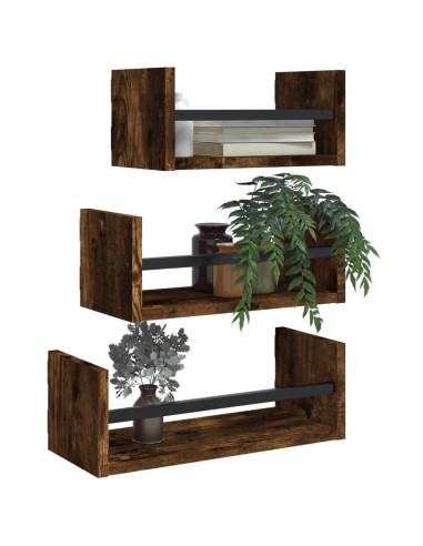 Set Mensole Parete con Aste 3pz Rovere Fumo Legno Multistrato