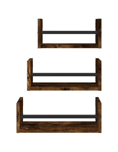 Set Mensole Parete con Aste 3pz Rovere Fumo Legno Multistrato