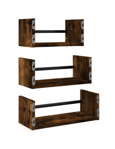 Set Mensole Parete con Aste 3pz Rovere Fumo Legno Multistrato