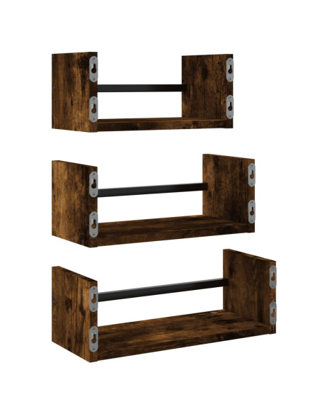 Set Mensole Parete con Aste 3pz Rovere Fumo Legno Multistrato