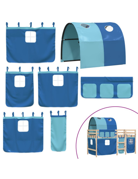 Letto a Soppalco con Tunnel Bambini Blu 90x190cm Massello Pino
