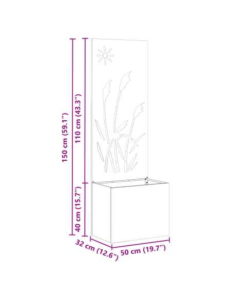 Vaso da Giardino con Pannello Decorativo Ruggine 50 x 140 cm