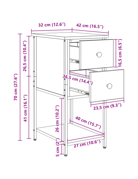 Armadio da Notte con cassetto 2 pcs Rovere nero 32 x 42 x 70 cm