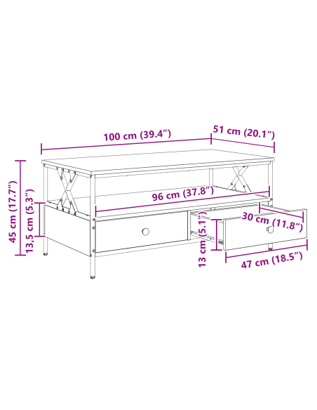 Tavolino da salotto con cassetto Legno vecchio 100 x 51 x 45 cm