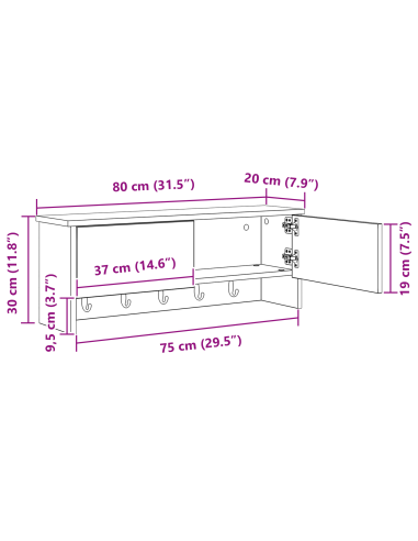 Appendiabiti a muro con porta Rovere Sonoma 80 x 20 x 30 cm