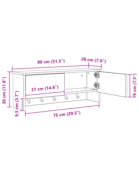 Appendiabiti a muro con porta Rovere Sonoma 80 x 20 x 30 cm