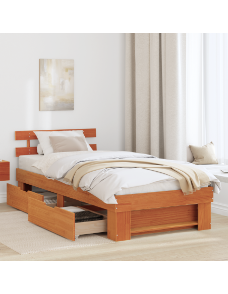 Struttura del letto con cassetto con testiera con archiviazione Cera marrone 75 x 190 cm