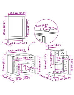Set di mobili per il bagno 3 pcs Bianco Antico Pino massello