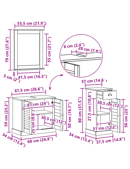 Set di mobili per il bagno 3 pcs Bianco Antico Pino massello
