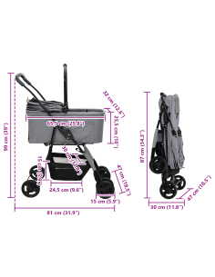 Passeggino pieghevole per animali Grigio 81 x 47 x 99 cm