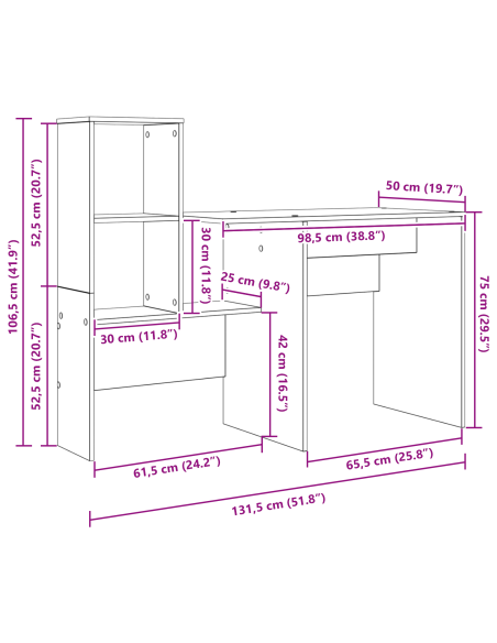 Scrivania con cassetto con lo scaffale Grigio cemento 131.5 x 50 x 106.5 cm
