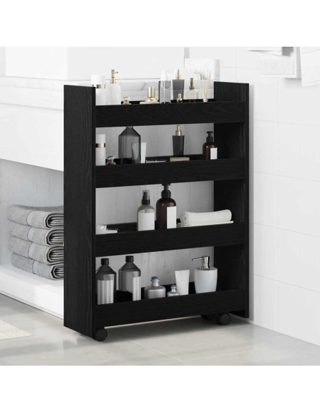 Carrello di Stoccaggio Slim 4 Livelli Rovere Nero Legno Tecnico