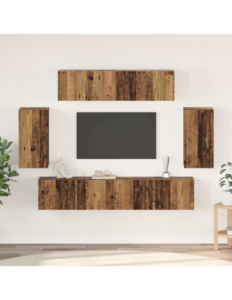 Set mobile TV Montaggio a parete con archiviazione con porta 6 pcs Legno vecchio Media