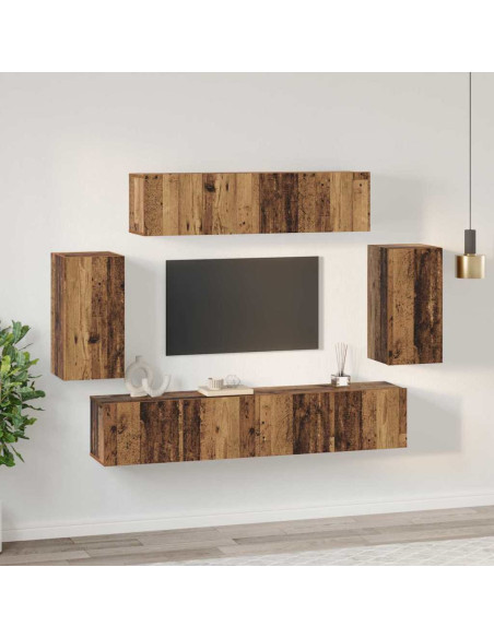 Set mobile TV Montaggio a parete con archiviazione con porta 6 pcs Legno vecchio Media