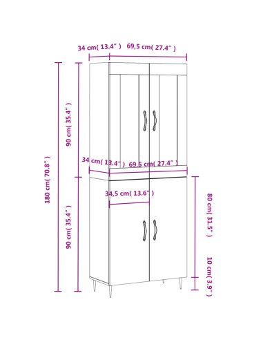 Credenza Grigio Cemento 69,5x34x180 cm in Legno Multistrato