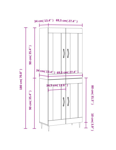 Credenza Bianca 69,5x34x180 cm in Legno Multistrato