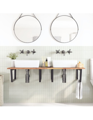 Ripiano a Parete per Lavabo in Acciaio e Massello di Acacia