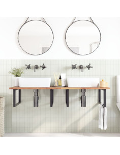 Ripiano a Parete per Lavabo in Acciaio e Massello di Acacia 2