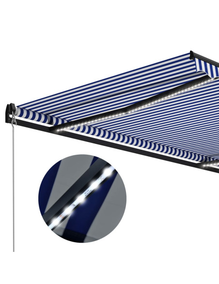 Tenda da Sole Retrattile Manuale con LED 600x300cm Blu e Bianco