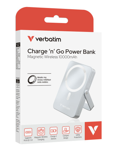 Verbatim Charge 'n' Go Magnetic Wireless Polimeri di litio (LiPo) 10000 mAh Carica wireless Blu