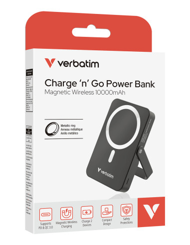 Verbatim Charge 'n' Go Magnetic Wireless Polimeri di litio (LiPo) 10000 mAh Carica wireless Nero