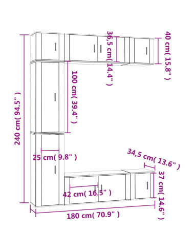 Set di Mobili Porta TV 7 pz Rovere Fumo in Legno Multistrato