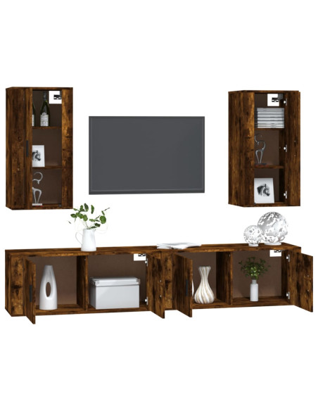 Set di Mobili Porta TV 4 pz Rovere Fumo in Legno Multistrato