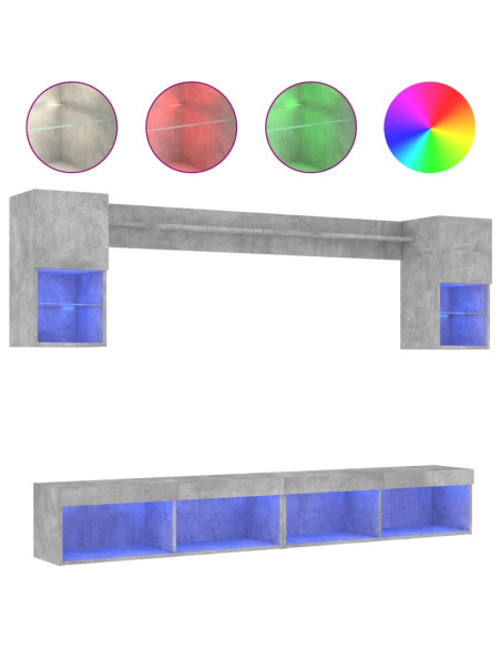 Mobili TV a Muro con LED 6pz Grigio Cemento Legno Multistrato
