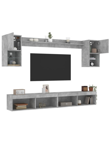 Mobili TV a Muro con LED 6pz Grigio Cemento Legno Multistrato