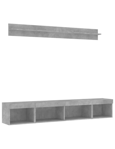 Mobili TV a Muro con LED 5pz Grigio Cemento Legno Multistrato
