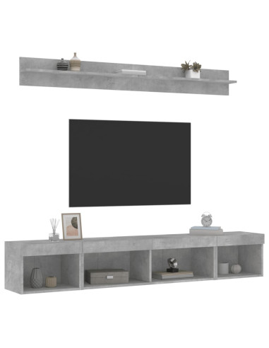 Mobili TV a Muro con LED 5pz Grigio Cemento Legno Multistrato