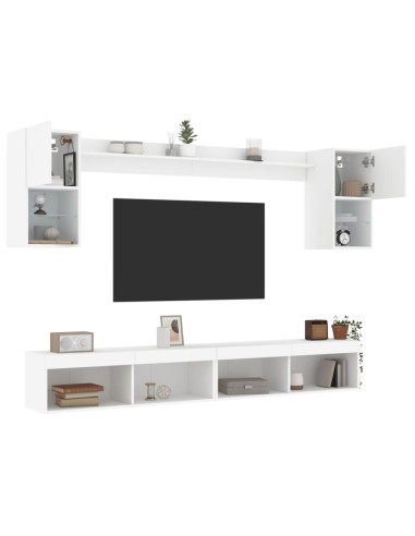 Mobili TV a Muro con LED 6pz Bianchi in Legno Multistrato
