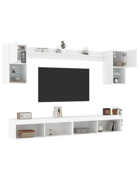 Mobili TV a Muro con LED 6pz Bianchi in Legno Multistrato