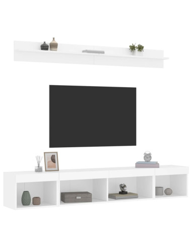 Mobili TV a Muro con LED 5pz Bianchi in Legno Multistrato