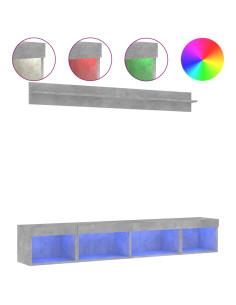 Mobili TV a Muro con LED 5pz Grigio Cemento Legno Multistrato