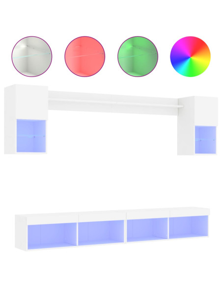 Mobili TV a Muro con LED 6pz Bianchi in Legno Multistrato