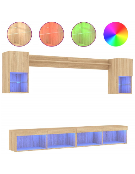 Mobili TV a Muro con LED 6pz Rovere Sonoma Legno Multistrato